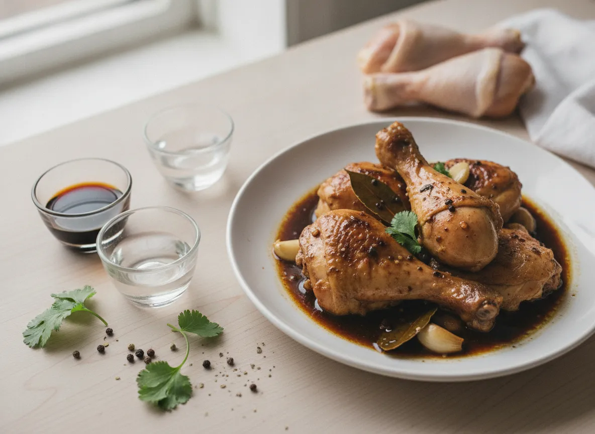 Chicken Adobo — The national dish of the Philippines — tender chicken braised in soy sauce, vinegar, garlic, and bay leaves…